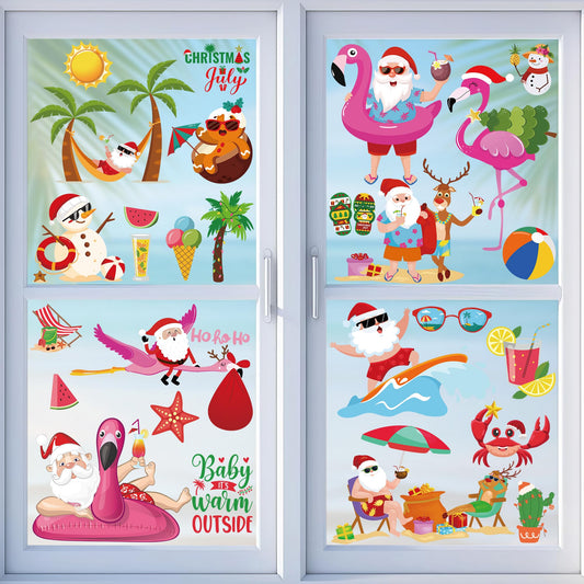 Christmas July Window Clings, 9 Sheets Summer Christmas Window Clings, Tropical Santa Claus Decals Decor, Flamingo July Hawaiian Xmas Snowman Stickers Beach Hawaii Summer Party Decorations Supplies