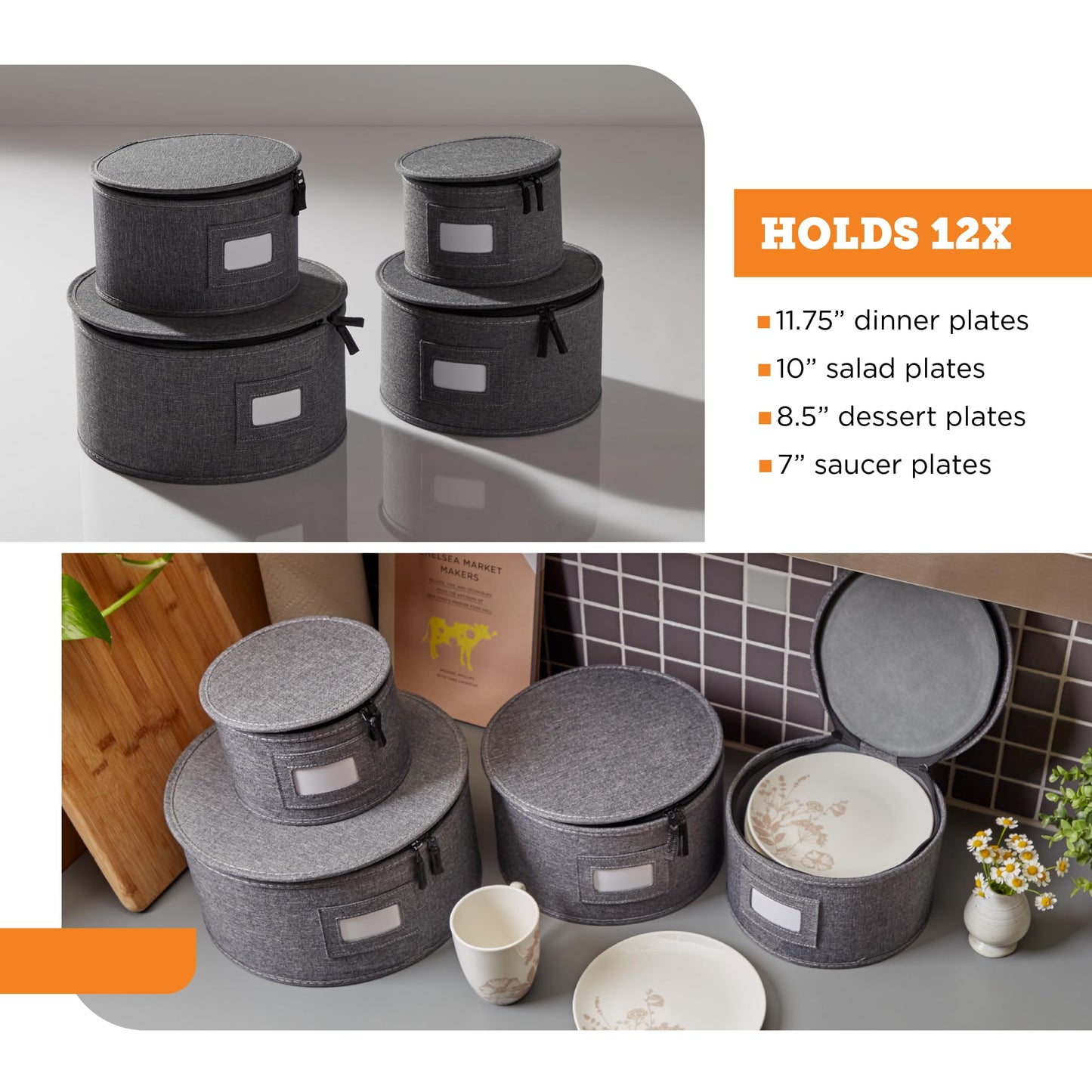 storageLAB China Storage Containers, Hard Shell Case with Felt Dividers for Charger Plates, and Dishes, Ideal for Kitchen Organization, Moving Supplies, and Fine China Storage - 4-Piece Set, Gray