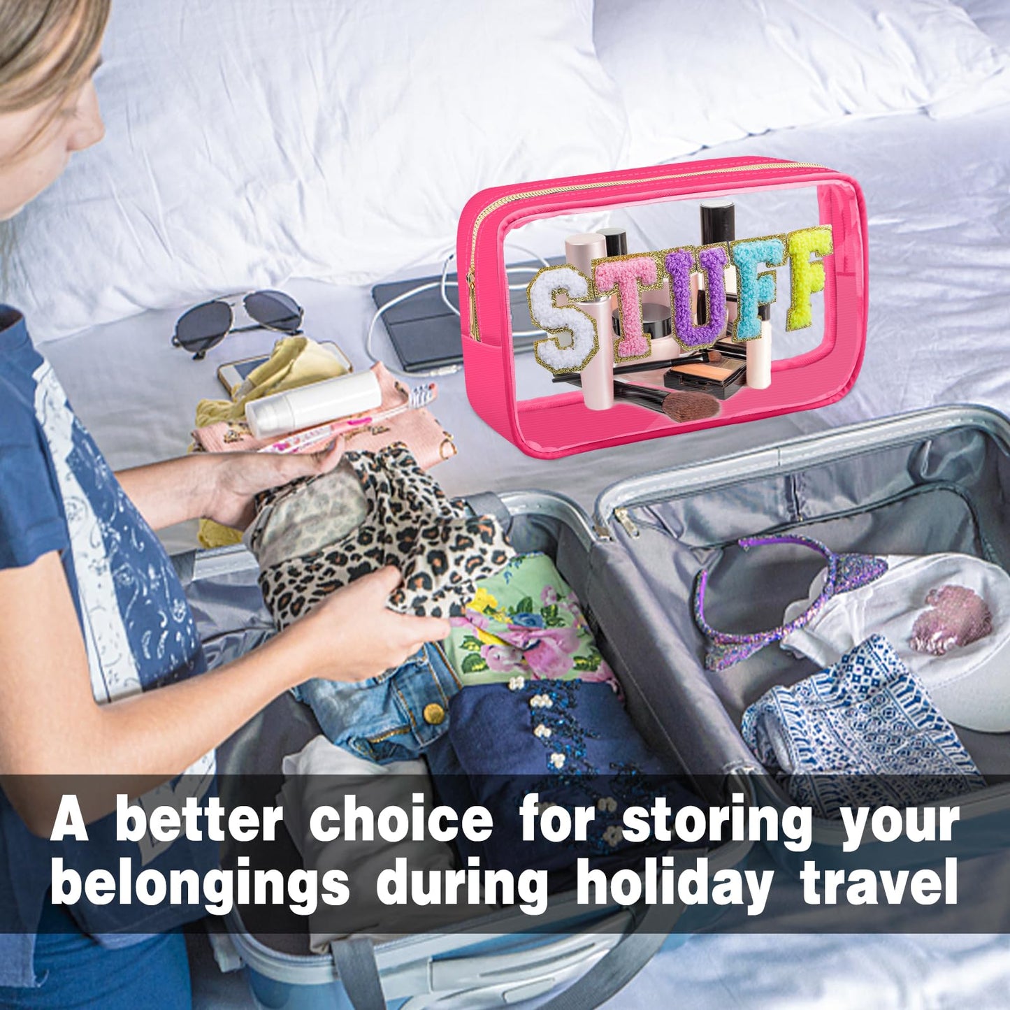 Moncinday Preppy Patch STUFF Makeup Bag Chenille Letter Cosmetic Bag for Women, Transparent PVC Zipper Patch Bags Organizer Waterproof Portable Travel Makeup Bag for Women Girls Teens (Pink)