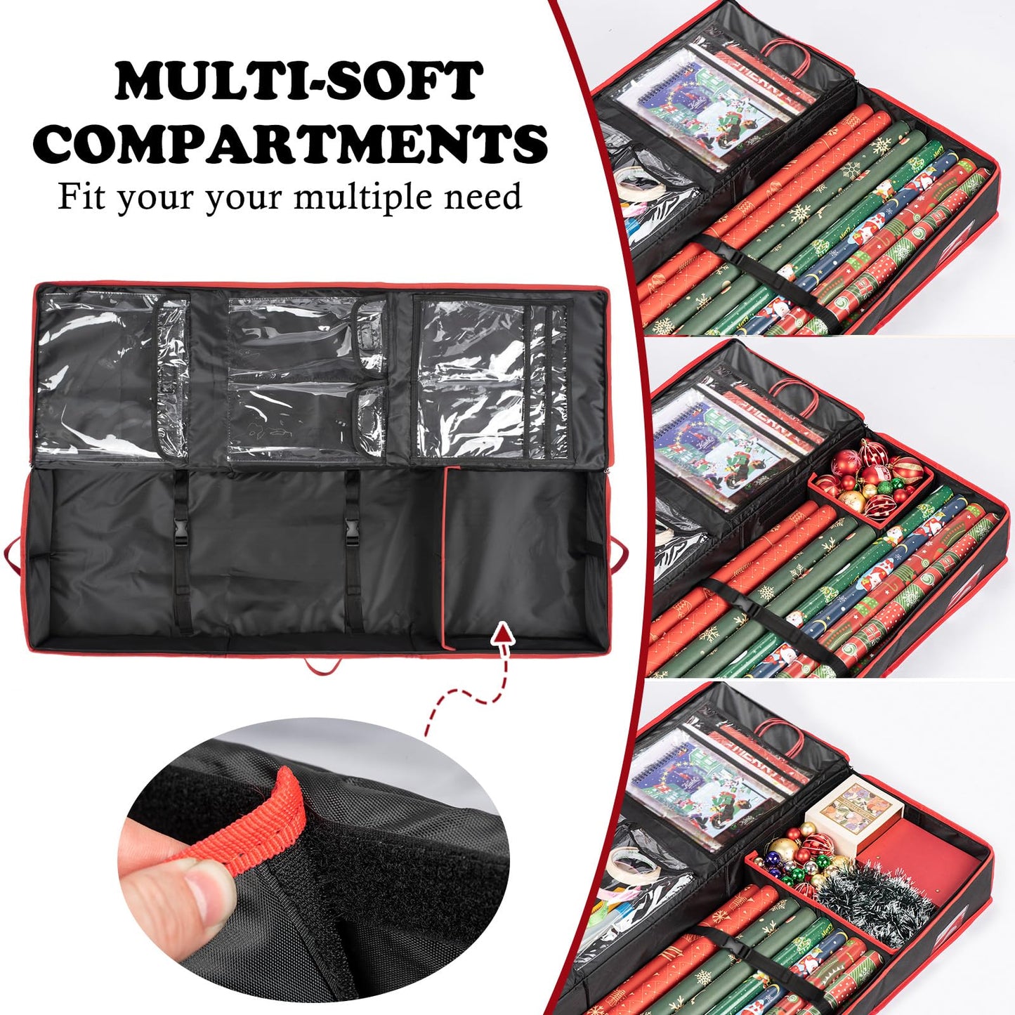 Wrapping Paper Organizer Storage for Christmas Gifts Wrapping Paper Storage, 600D Oxford Fits Ribbon, Ornaments, Holiday Accessories Flexible Partitions and Pockets （Black）