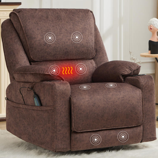 YOCONYO Massage Recliner Chair, Swivel Rocker Recliner with Heat and Vibration, 360 Swivel Manual Single Reclining Sofa with Cup Holder for Adults (Brown)