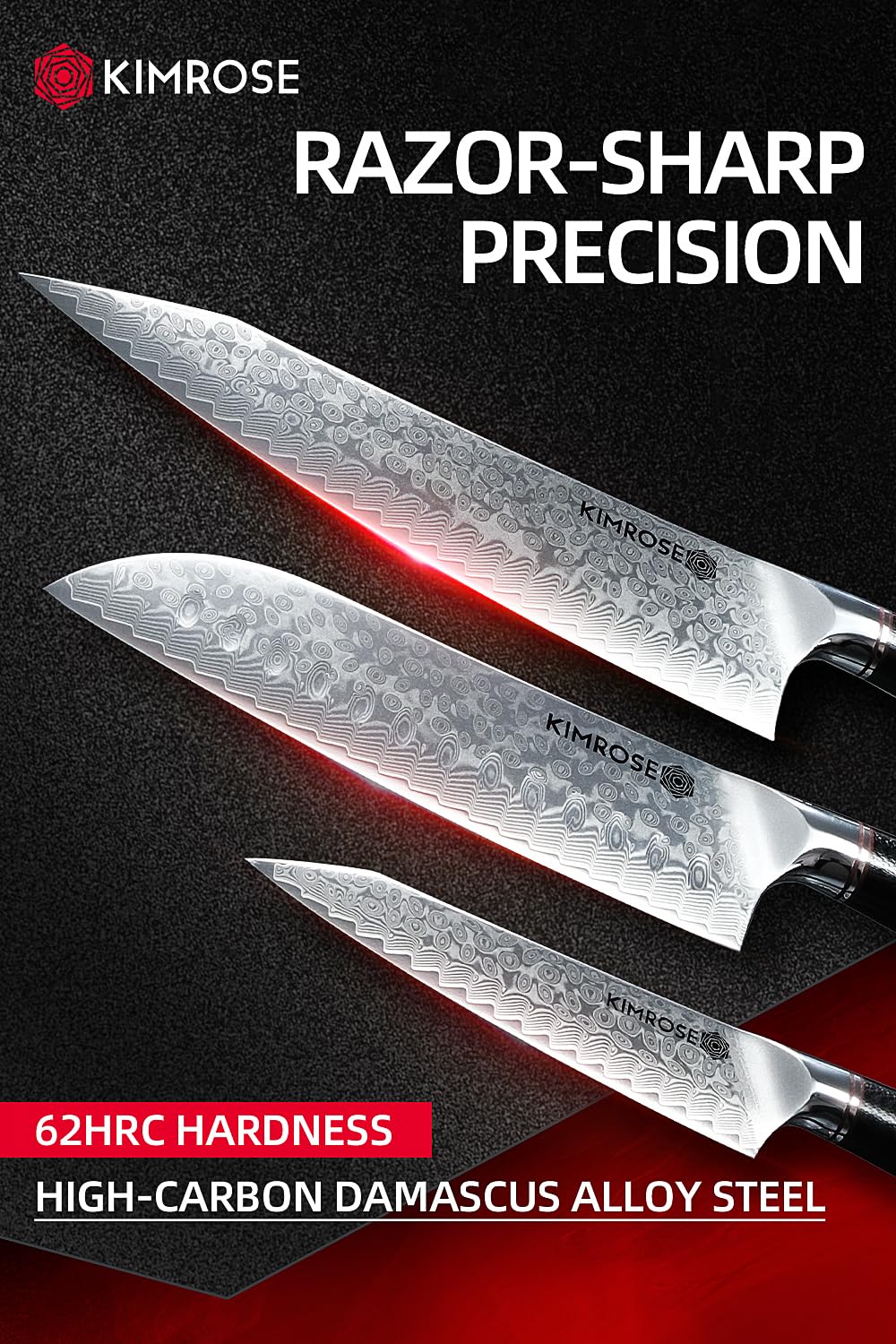 KIMROSE Damascus Knife Set - 3PCS - High-Carbon 10Cr15CoMoV Alloy Steel - Professional Chef Knife - G10 Handle - Razor Sharp Kitchen Knives - Magnetic Sheath - Gift Box