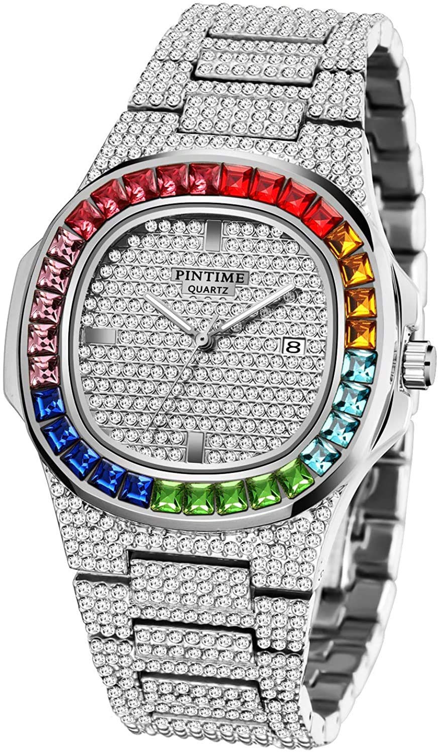Luxury Bling Colorful Full Diamond Watches Fashion Quartz Analog Stainless Steel Band Bracelet Wrist Watch (Silver)