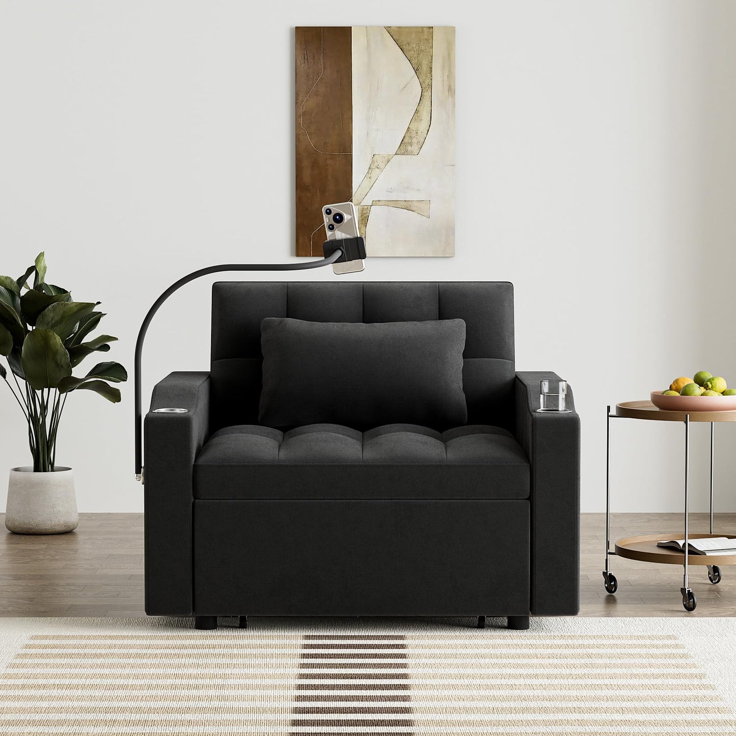 Wrofly 3 in 1 Single Sleeper Sofa Chair with Pullout Bed, Convertible Pull Out Couch with Adjustable Backrest, Modern Chaise Lounge with USB Port for Living Room, Small Spaces, Black Velvet