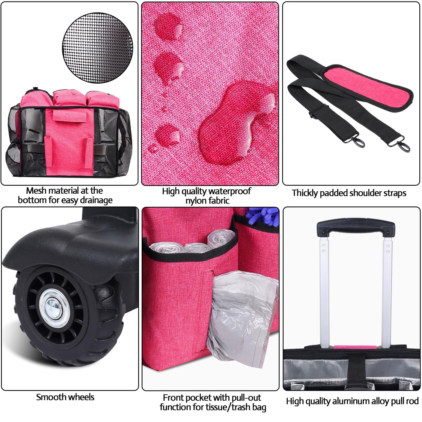 Timoxi Extra Large Rolling Cleaning Caddy Bag with Detachable, Foldable Trolley Portable Cleaning Cart for Housekeeping Cleaning Caddy with Adjustable Shoulder Strap and Multiple Storage Pockets