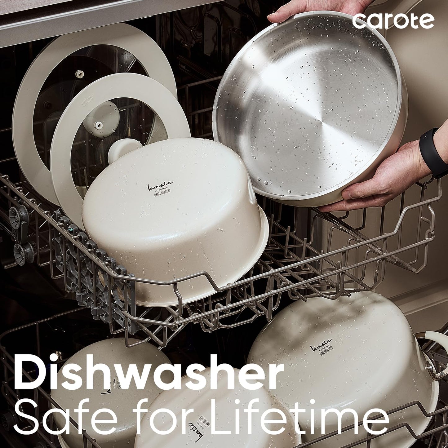 CAROTE 14pcs Pots and Pans Set, Stainless Steel Cookware Set Detachable Handle, Induction Kitchen Cookware Sets with Removable Handle, RV Cookware Set, Oven Safe, Camping Cookware, White