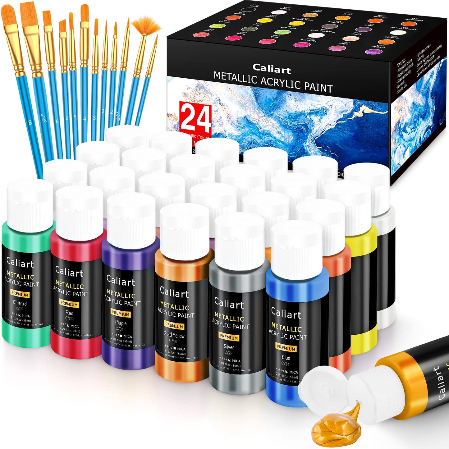 Caliart 24 Colors Acrylic Paint Set with 12 Brushes, Easter Basket Stuffers for Teens, Art Craft Paints Gifts Trendy Stuff for Artists Kids Teen, Canvas Ceramic Rock Eggs Painting Kit Art Supplies