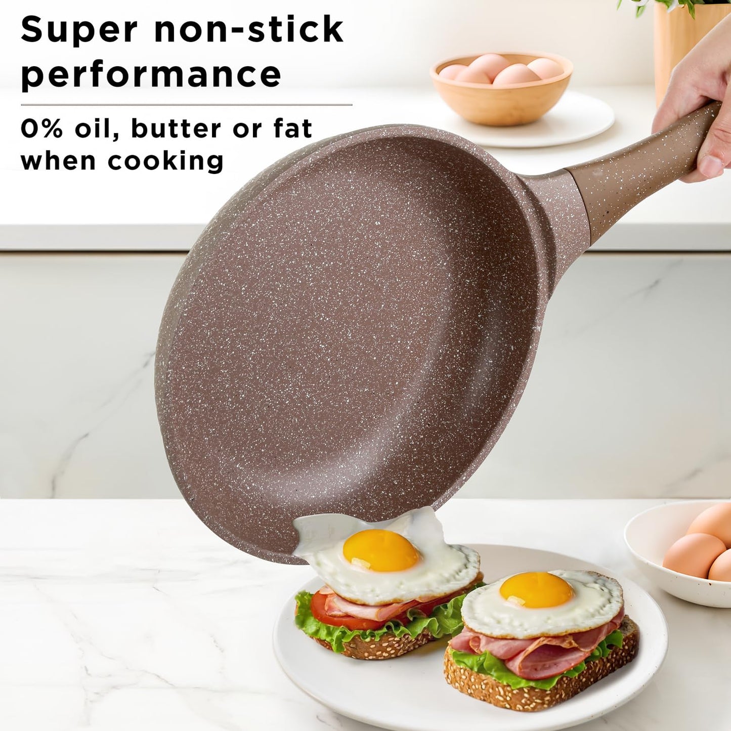 KASANOVA Pots and Pans set for cooking nonstick, 10Pcs, Durable Aluminum cookware set, PFOA-free, Kitchen pans set with glass lid, Induction safe, Taupe (10)