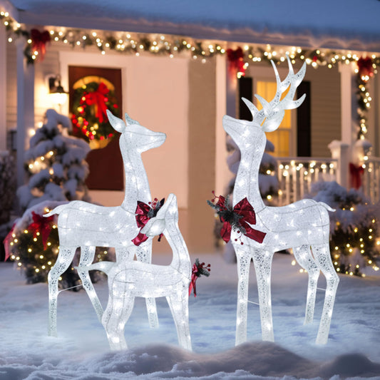 MUPATER Outdoor Christmas Decoration Lighted Deer Family Set Indoor, Christmas Holiday Yard Decor 3-Piece Moose Set for Lawn and Party with Lights, Ground Stakes and Zip Ties, White
