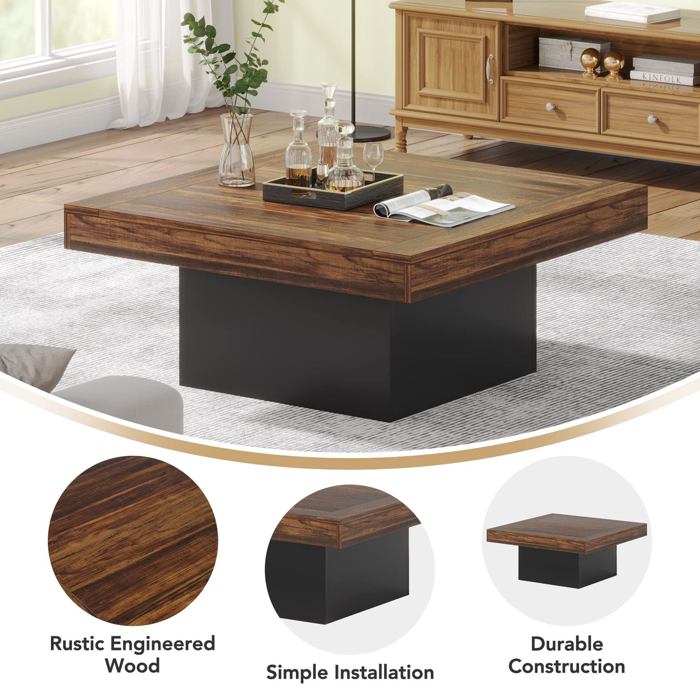 Tribesigns Farmhouse Coffee Table Square LED Engineered Wood Low Coffee Table for Living Room Rustic Brown & Black