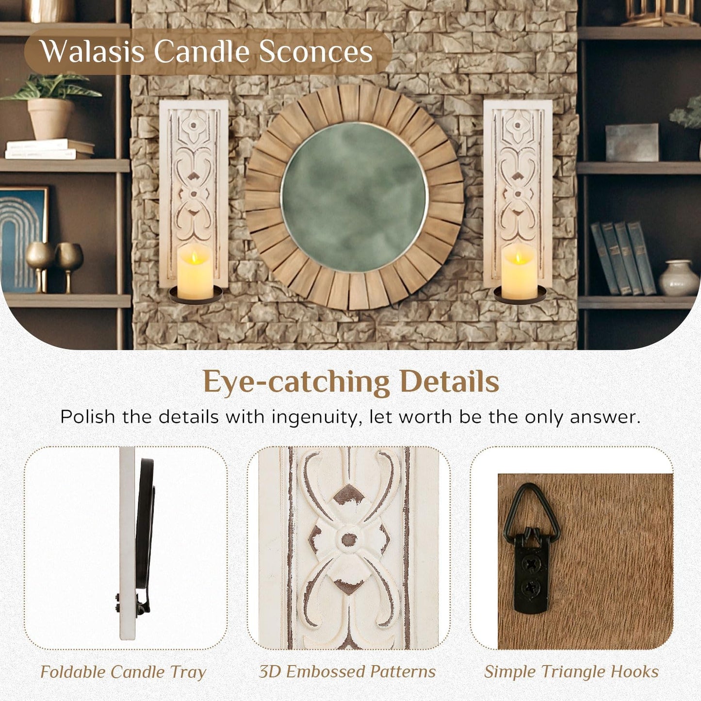 Rustic Candle Sconces Wall Decor Set of 2 - Walasis Wood Wall Candle Holders for Farmhouse White Boho Candle Sconce Art Distressed Thickened Pillar Candles Holder for Bathroom