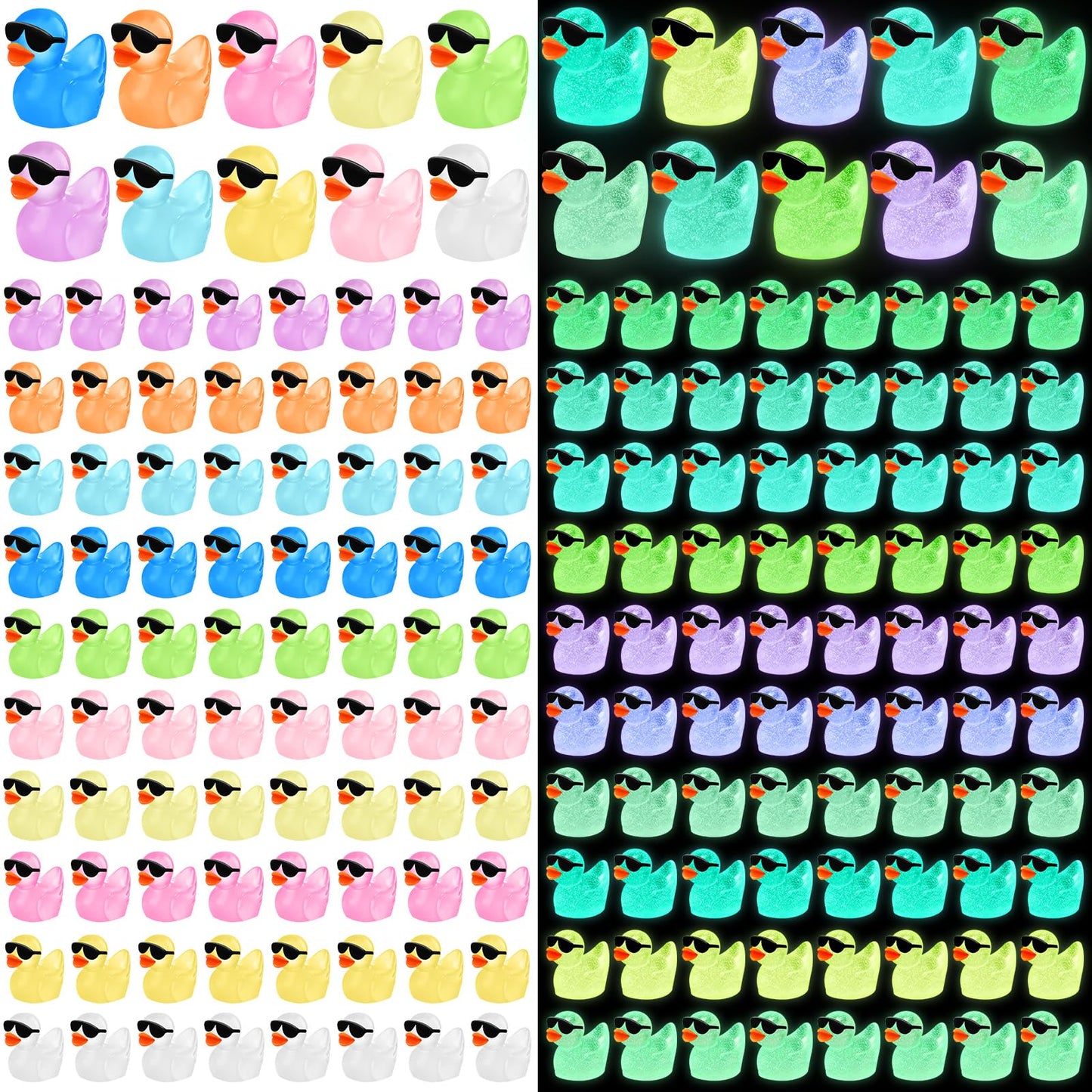 Liliful 150 Pcs Luminous Mini Resin Ducks Bulk Glow in The Dark Tiny Ducks with Sunglasses Miniature Figures Fairies Mini Garden Landscape Aquarium Dollhouse Ornament for DIY Crafts Decor(150 Pcs)