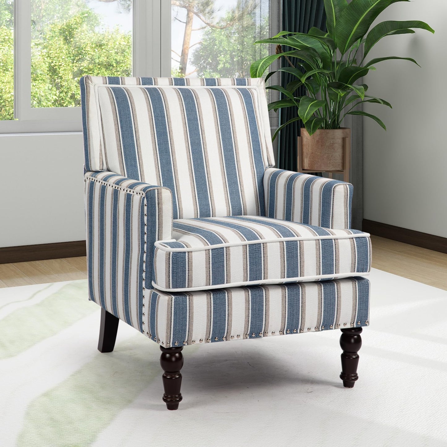 WakeZero Accent Chair, Modern Comfy Mid-Century Accent Chairs Upholstered Lounge Armchair with Solid Wood Frame for Living Room/Bedroom-Blue Stripe