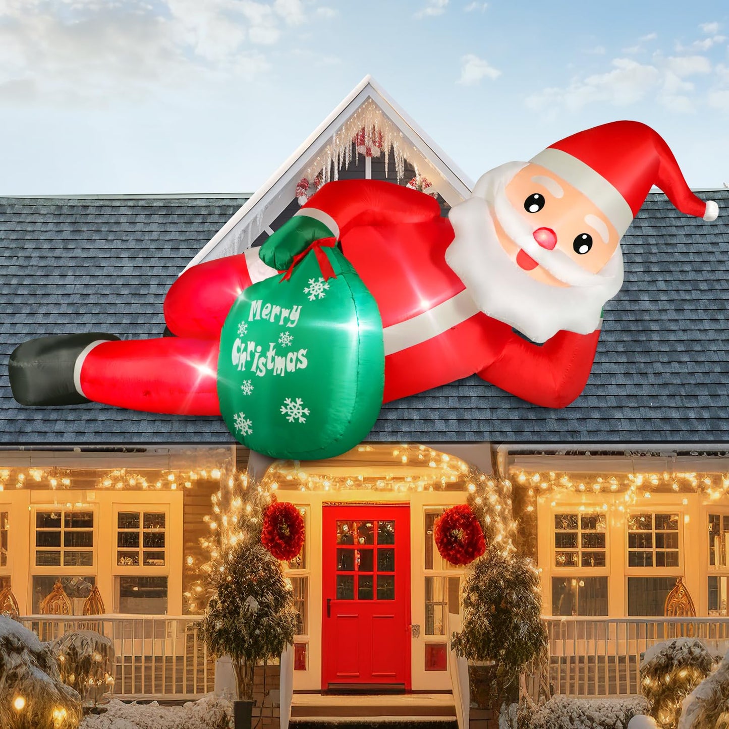 12 FT Giant Christmas Inflatables Santa Claus Outdoor Decorations, Huge Blow up Lying Santa Claus with Gift Bag Yard Decor, Built-in Brilliant LED Lights for Yard Lawn Garden Holiday Party