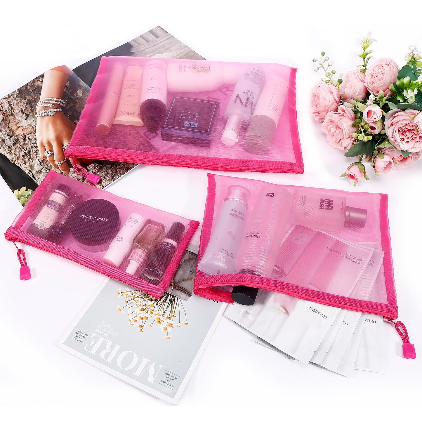 Sinzip 12 Pieces Zipper Nylon Mesh Pouch, Mesh Cosmetic Bags Makeup Bags Pencil Case, Multipurpose Travel Bags for Cosmetic School Office Supplies and Travel Accessories (Black, Assorted Sizes)