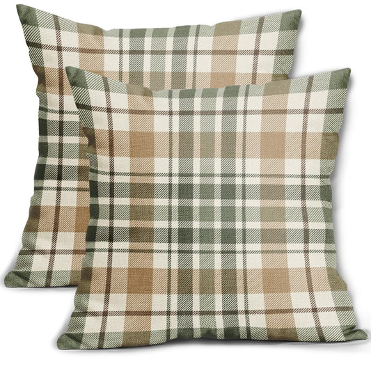 Aytipun Brown Green Spring Plaid Pillow Covers 20x20 Set of 2 Seasonal Tartan Buffalo Plaid Holiday Print Decorative Outdoor Pillowcases Farmhouse Summer Throw Cushion Case Couch Sofa Bed Decor