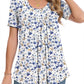 MUSE SHOW Women's 2025 Summer Tops Short Sleeve Tunic Shirts Casual Comfy Blouse White and Blue Flowers L
