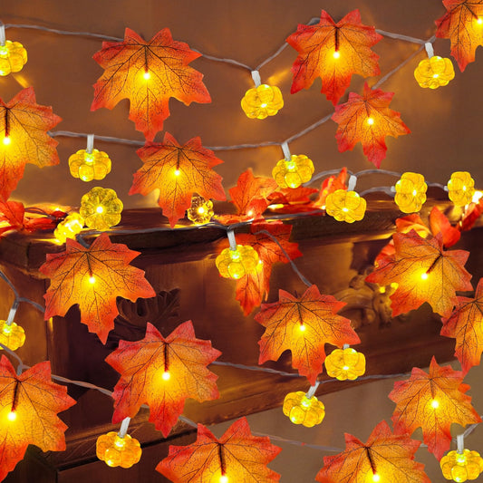 2 Pack & Timer - Fall Garland with Pumpkin Lights Fall Decorations for Home 60 LED 20 Ft Enlarged Maples Leaves Fall Lights Battery Operated Halloween Thanksgiving Indoor Porch Bedroom Wedding Decor