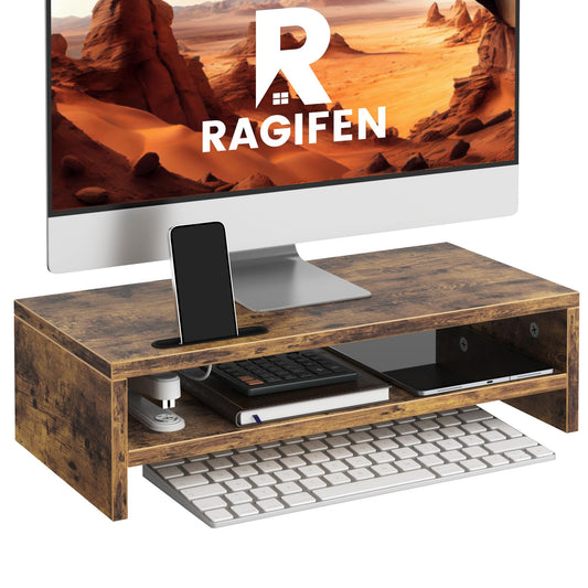 Wood Monitor Stand for Desk, 2 Tier Anti-slip Monitor Riser for Desktop with Phone Slot, Sturdy Computer Stand with Storage Shelves, Sturdy Laptop Riser Monitor Shelf, Easy to Assemble, Rustic Brown