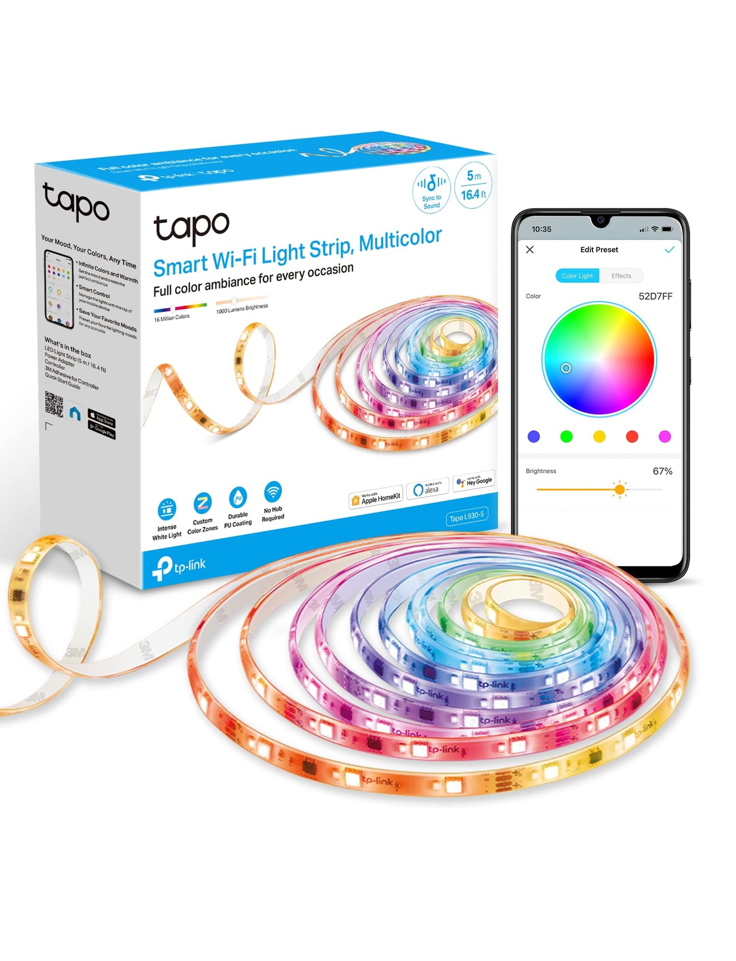 Tapo TP-Link RGBWIC Smart LED Light Strip 16.4Ft, 1000 Lumens, 16M Dimmable Colors, 50 Color Zones, Works w/Apple HomeKit/Alexa/Google Home, Sync-to-Sound, IP44 PU Coating, Trimmable L930-5