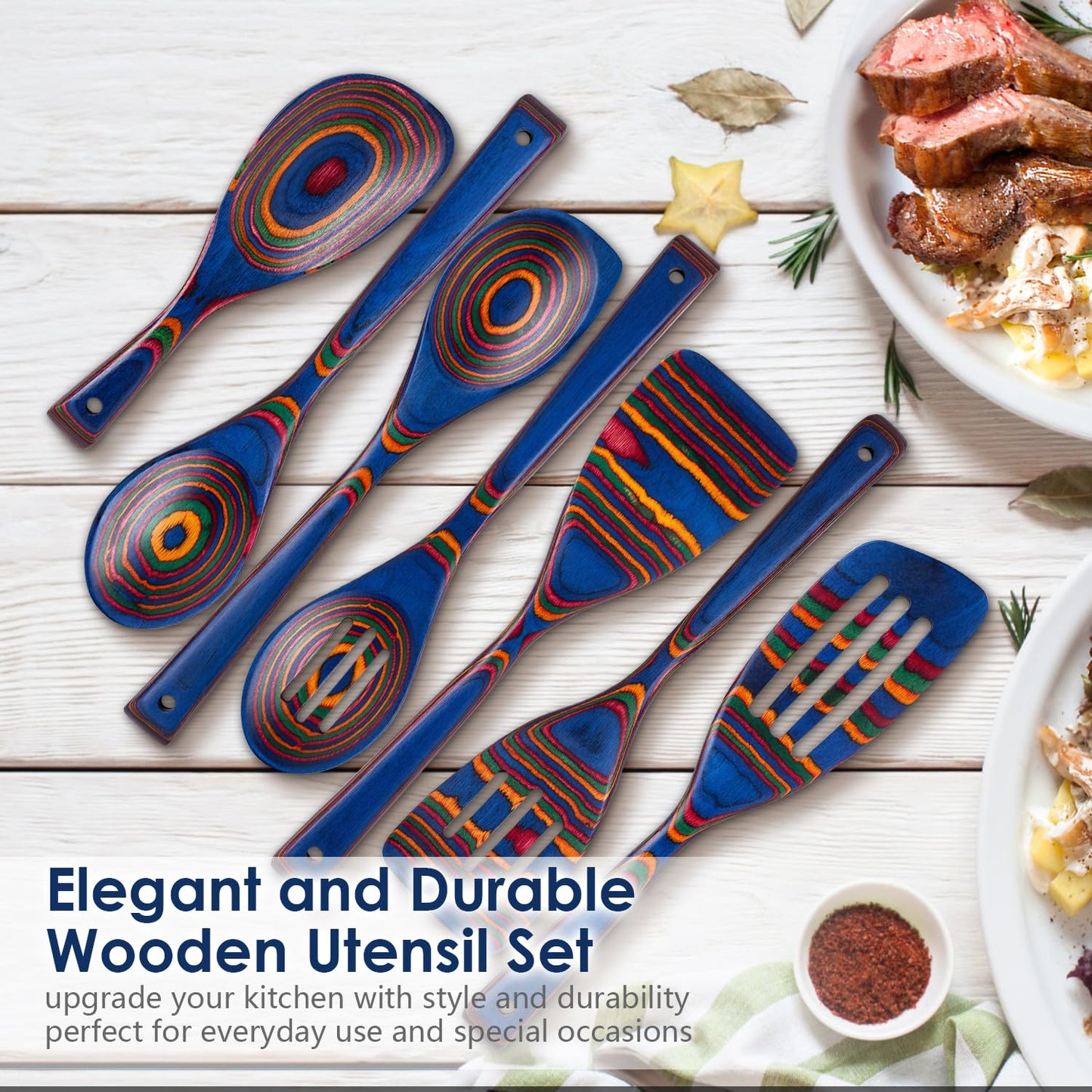 Wooden Spoons for Cooking, 7 Pcs Pakkawood Wooden Kitchen Cooking Spoon Utensil Tools Set Includes Spatula Corner Spoon Rice Paddle Friendly to Non-Stick Cookware by HOWHONG (Spectrum)