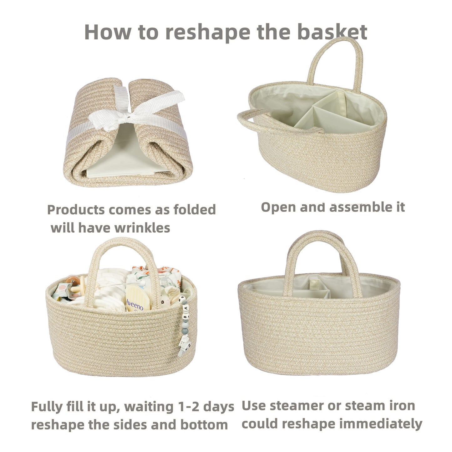 Baby Diaper Caddy Organizer for Girl Boy Cotton Rope Nursery Storage Bin Basket Portable Holder Tote Bag for Changing Table Car Travel Baby Shower Gifts Newborn Registry Must Have Items oatmeal