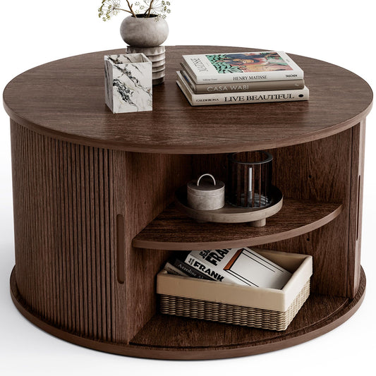 LINSY HOME Round Coffee Table, 31.5" Drum Coffee Table with Sliding Tambour Door, Fluted Accent Center Table with Storage, Mid Century Modern Coffee Table for Living Room, Walnut