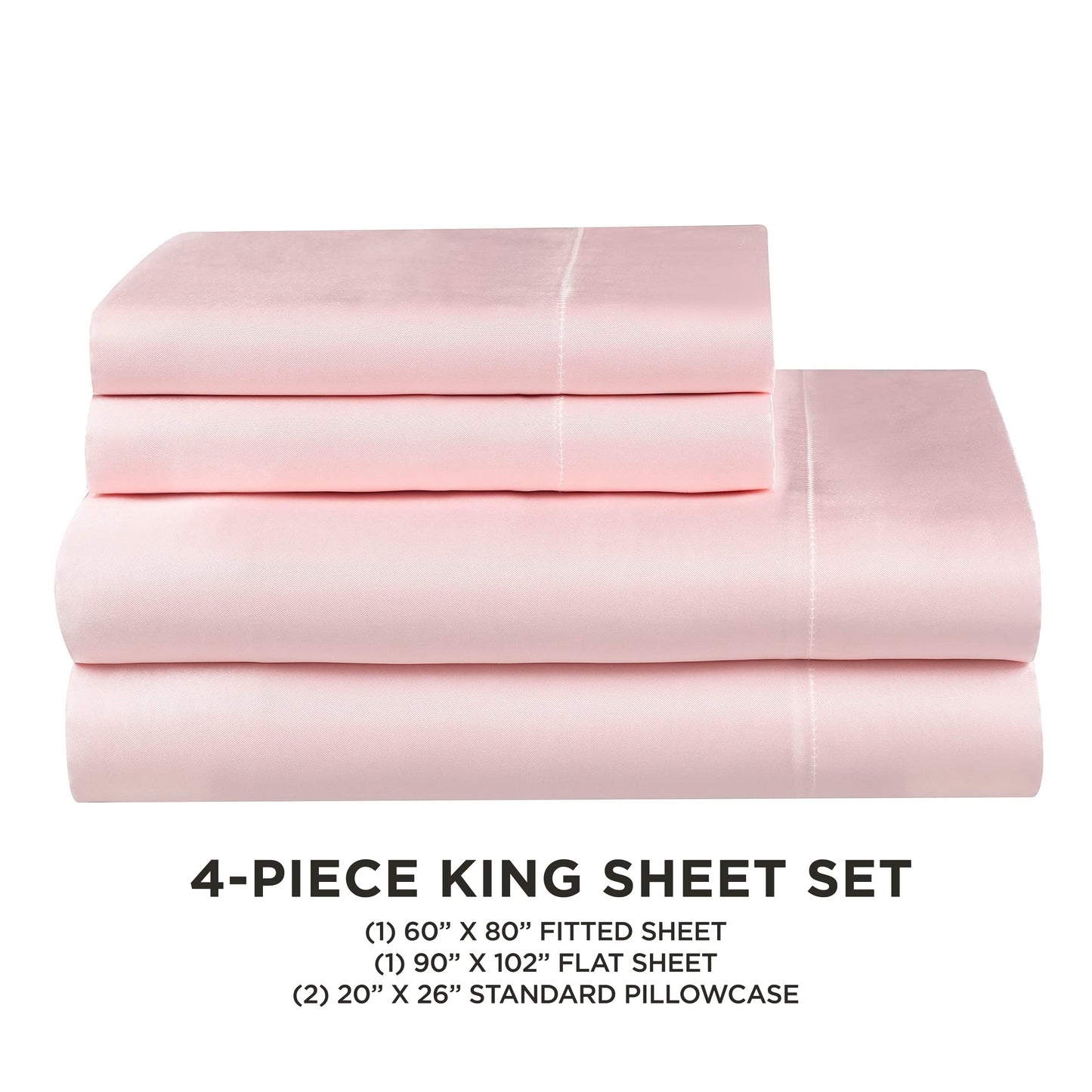 Juicy Couture King Size Silk Satin Bed Sheet Set, Deep Pocket Silky King Sheet Set with 1 Fitted Sheet, 1 Flat Sheet and 2 Pillow Case, Wrinkle Resistant and Anti Pilling Bed Sheets - Pink
