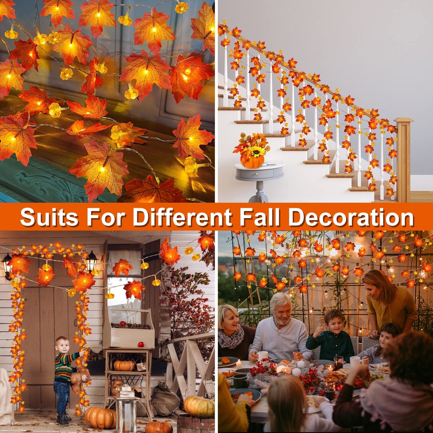 2 Pack & Timer - Fall Garland with Pumpkin Lights Fall Decorations for Home 60 LED 20 Ft Enlarged Maples Leaves Fall Lights Battery Operated Halloween Thanksgiving Indoor Porch Bedroom Wedding Decor