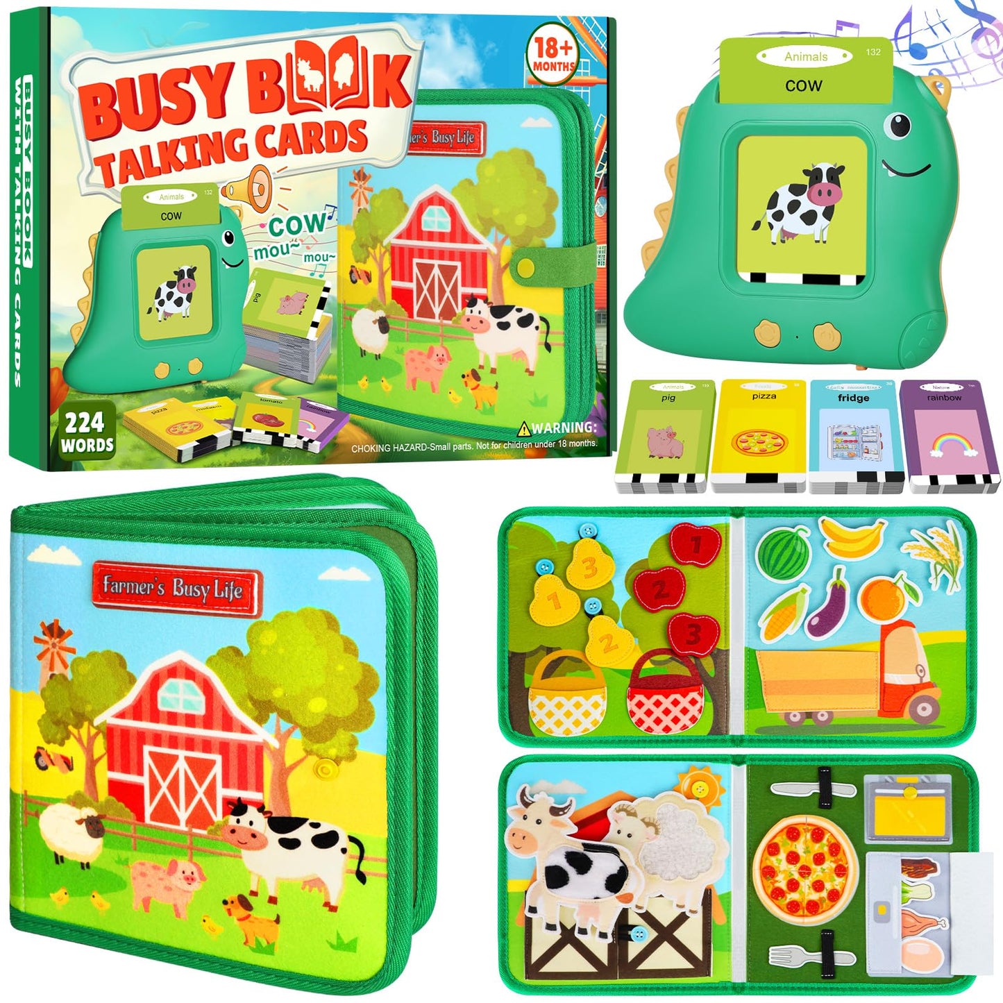 Quanquer Farm Busy Book With Talking Flash Cards for Toddlers 1-3 - Montessori Busy Board for Boy Girl Birthday Gift - Learning Educational Toys with 224 Sight Words - Airplane Car Toddler Travel Toys