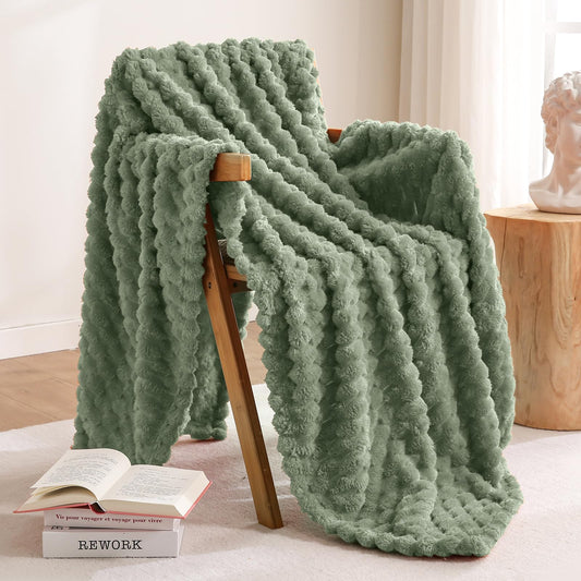 Excervent Flannel Fleece Throw Blanket(60x80 inches), Big 3D Clouds Stylish Hexagon Jacquard Decorative Fuzzy Blankets for Household, Camping, and Travel, Super Soft Cozy, Sage Green