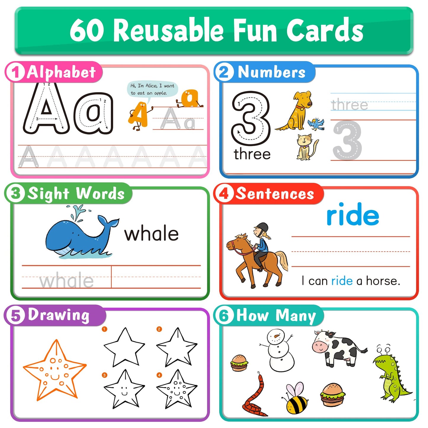 HOQEEWIPE Preschool Learning Activities - 60 Reusable Cards, Pre-K Kindergarten Workbook, Autism Supplies Montessori Educational Game, Sight Words & Handwriting Practice Book for Kids Ages 3 4 5 6