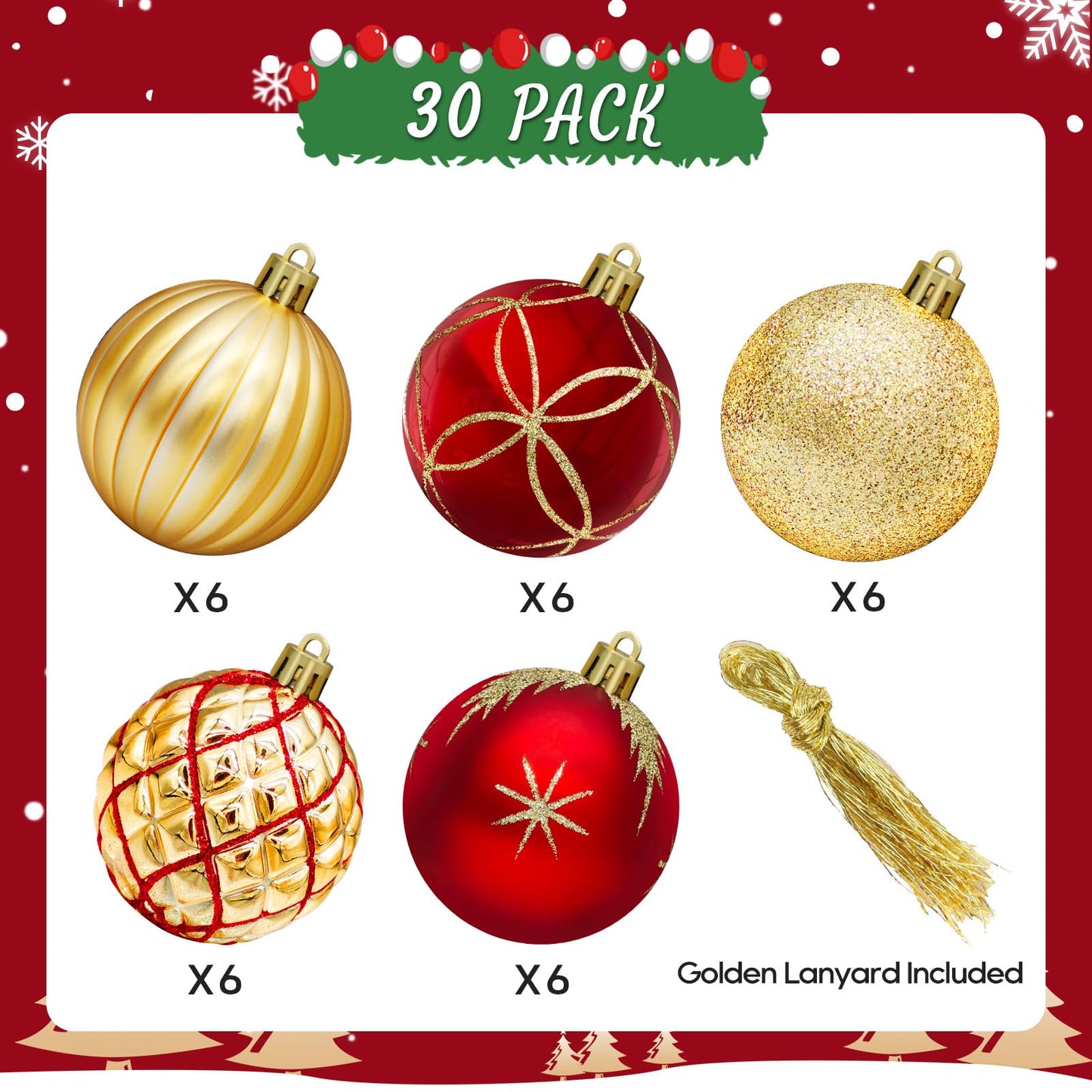 DeckTheHalls Christmas Balls Ornaments, 30 Pcs 2.5 Inch Christmas Tree Decorations for Xmas Tree Hanging, Shatterproof Ball Ornaments for Festival Home Party Decors, (Red & Gold)