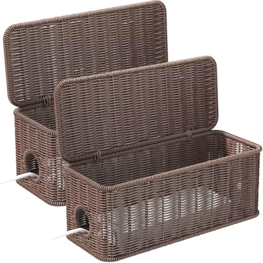 Cable Management Box,2 Open Slots Cord Organizer Hider Box with Lid,2 Pack Handwoven Imitation Rattan Cable Organizer Box for TV Wire Computer Router & Power Strip-B Style(Light Brown)