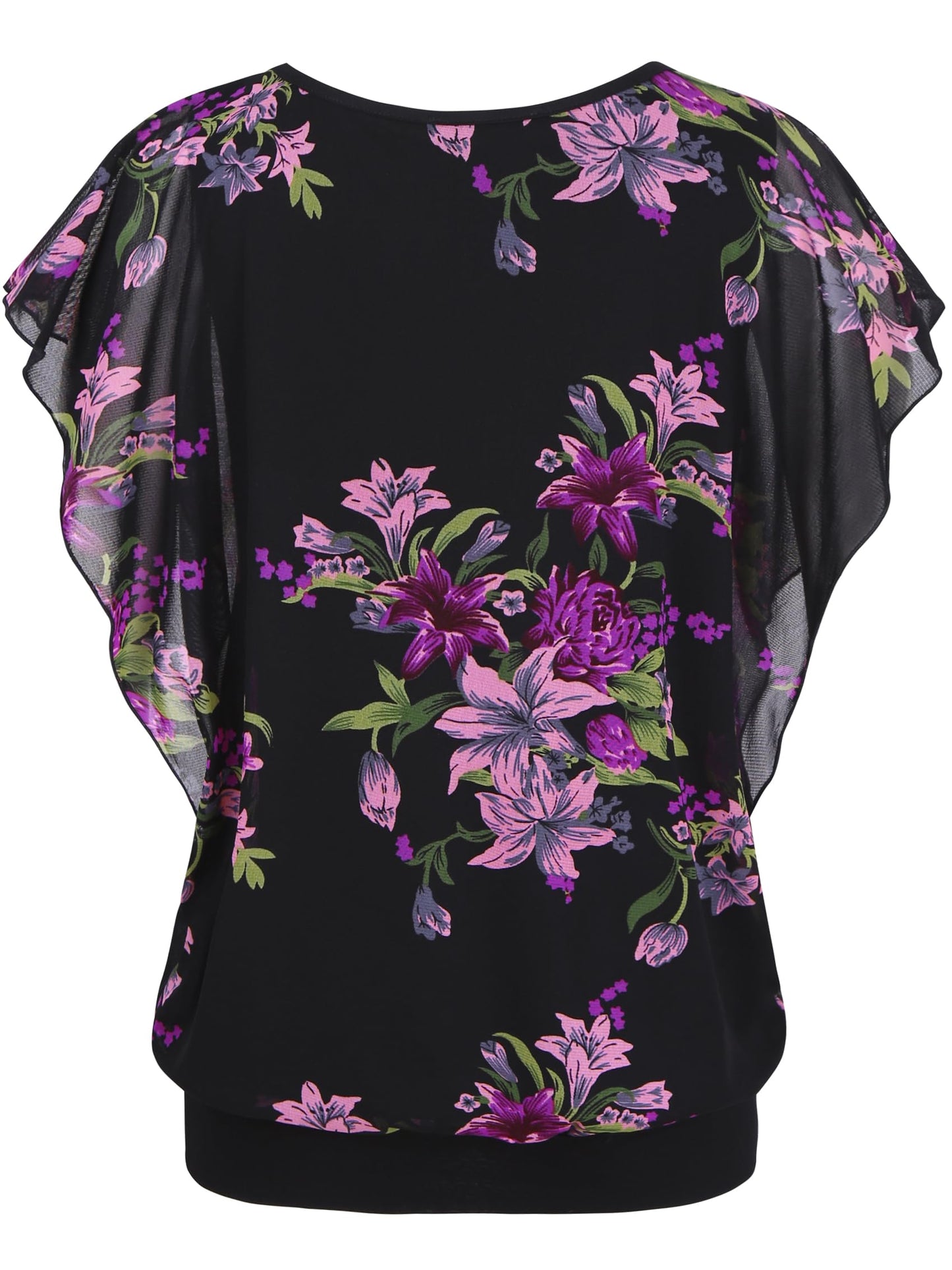 BAISHENGGT Blouses for Women Dressy Casual Going Out Tops Trendy Mesh Short Sleeve Shirts Medium Black Purple Floral