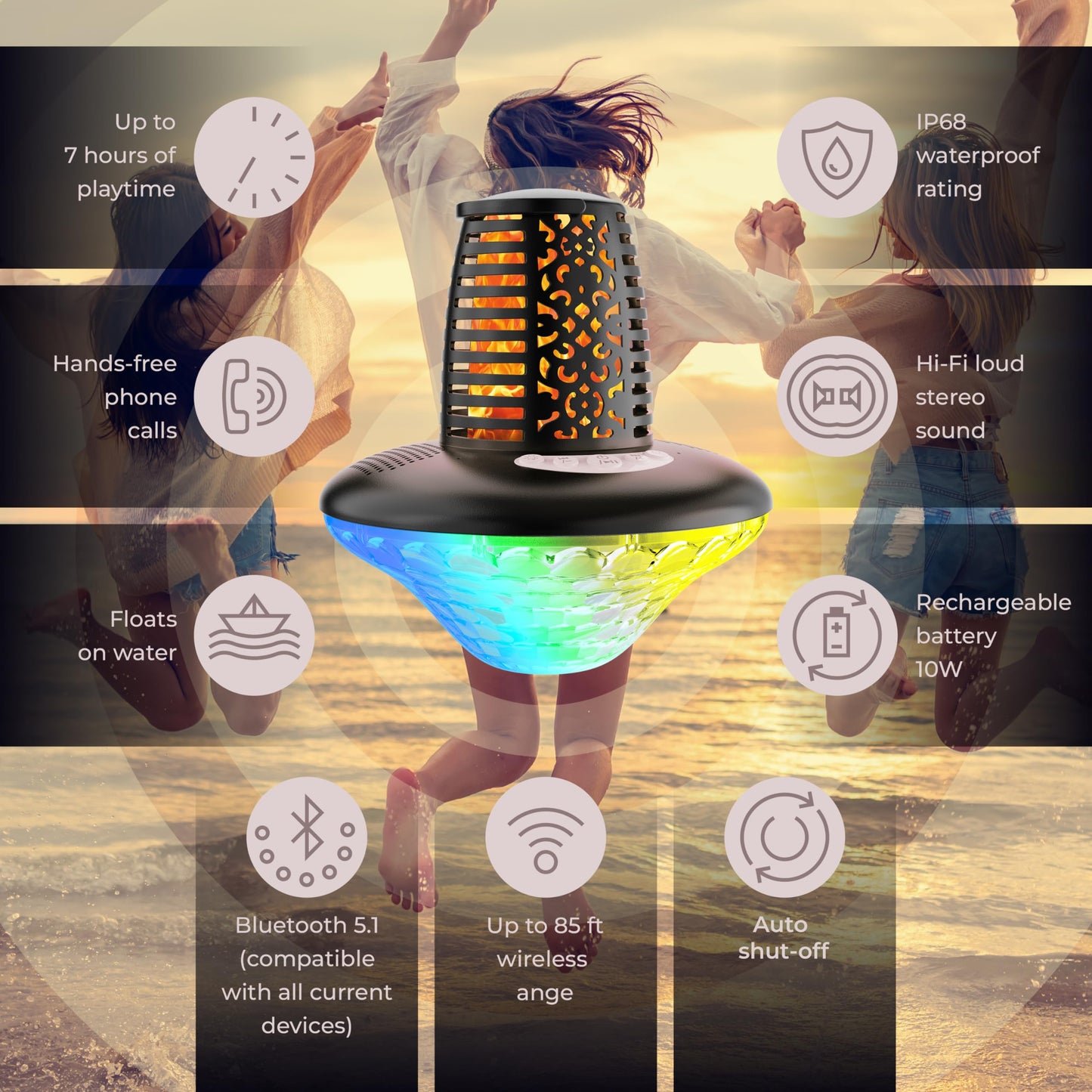 VISOFO Waterproof Portable Bluetooth Speaker | Pool Floating IP68 Loud Stereo HD Sound with RGB Colorful Lights and Led Torch Flame TWS Pairing Built-in Mic 10W Deep Bass Spa Hot Tub Accessories