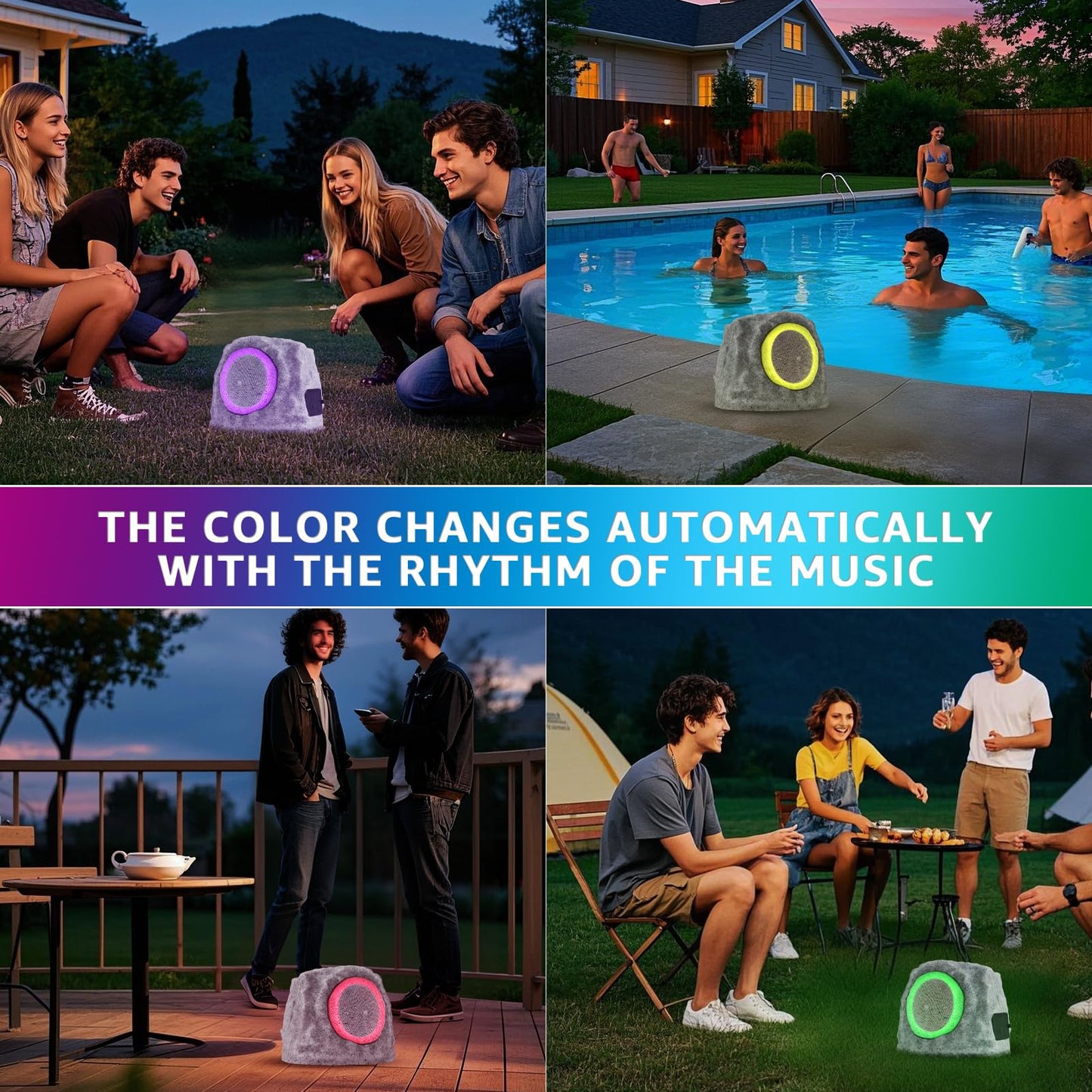 GGII 2-Pack Solar Powered Rock Speakers Outdoor Water-Resistant with 3 Mode Lights and Pair Function USB Rechargeable for Patio Garden Party Pool Outside(Two A)