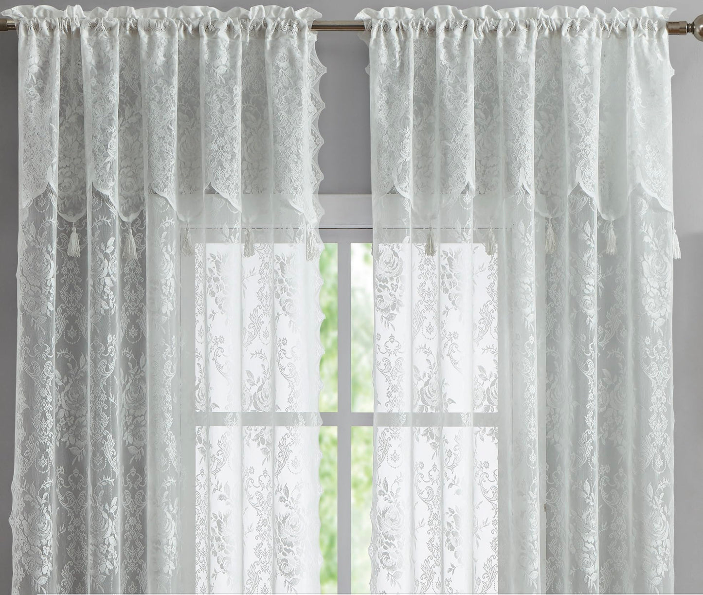 LinenZone Pair of 2 Lace Curtain Panels with Attached Valance and 6 Tassels. Sheer Lace Curtains for Living Room, Dining Room, Bedroom or Kitchen. Classic English Rose Design. (Luna 54 x 63, Ivory)