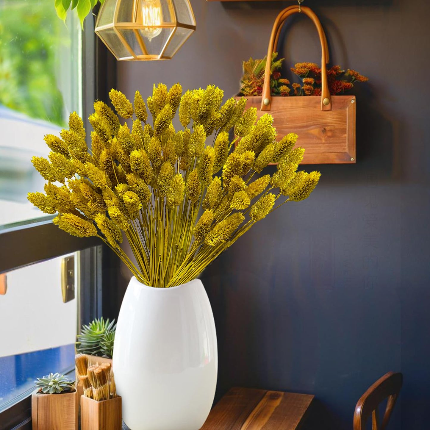 120 PCS Boho Pampas Grass, 17" Bunny Tails Gem Grass Flower Bouquet Decor for Home Wedding Farmhouse Decor (Lemon Yellow)