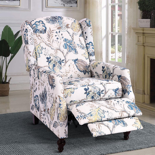GUEAPY Mid Century Modern Wingback Recliner Chair for Adults, Push Back Upholstered Accent Chair with Floral Fabric, Manual Reclining Armchair for Living Room, Bedroom, Reading Corner (Blue Botanical)