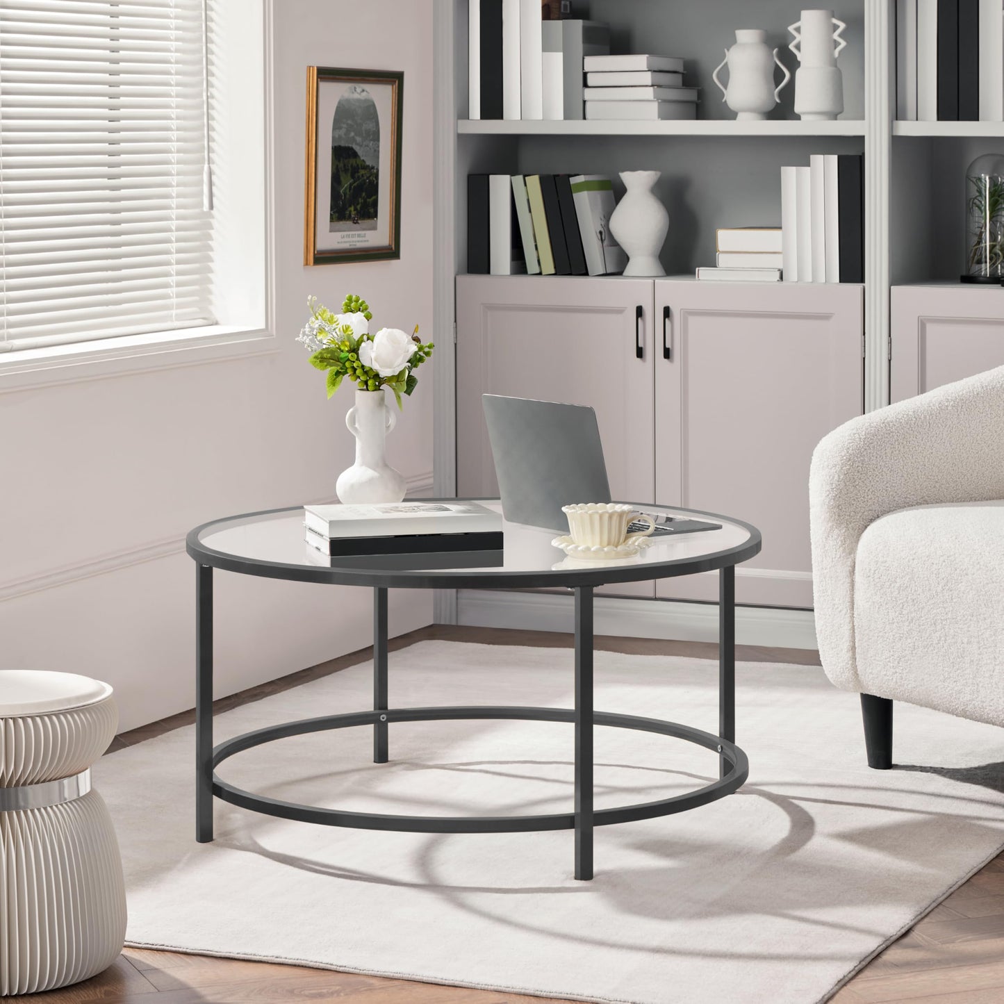 Yaheetech 36" Round Glass Coffee Table, Black Circle Coffee Table Center Table with Glass Top, Small Coffee Table for Living Room, Office & Apartment