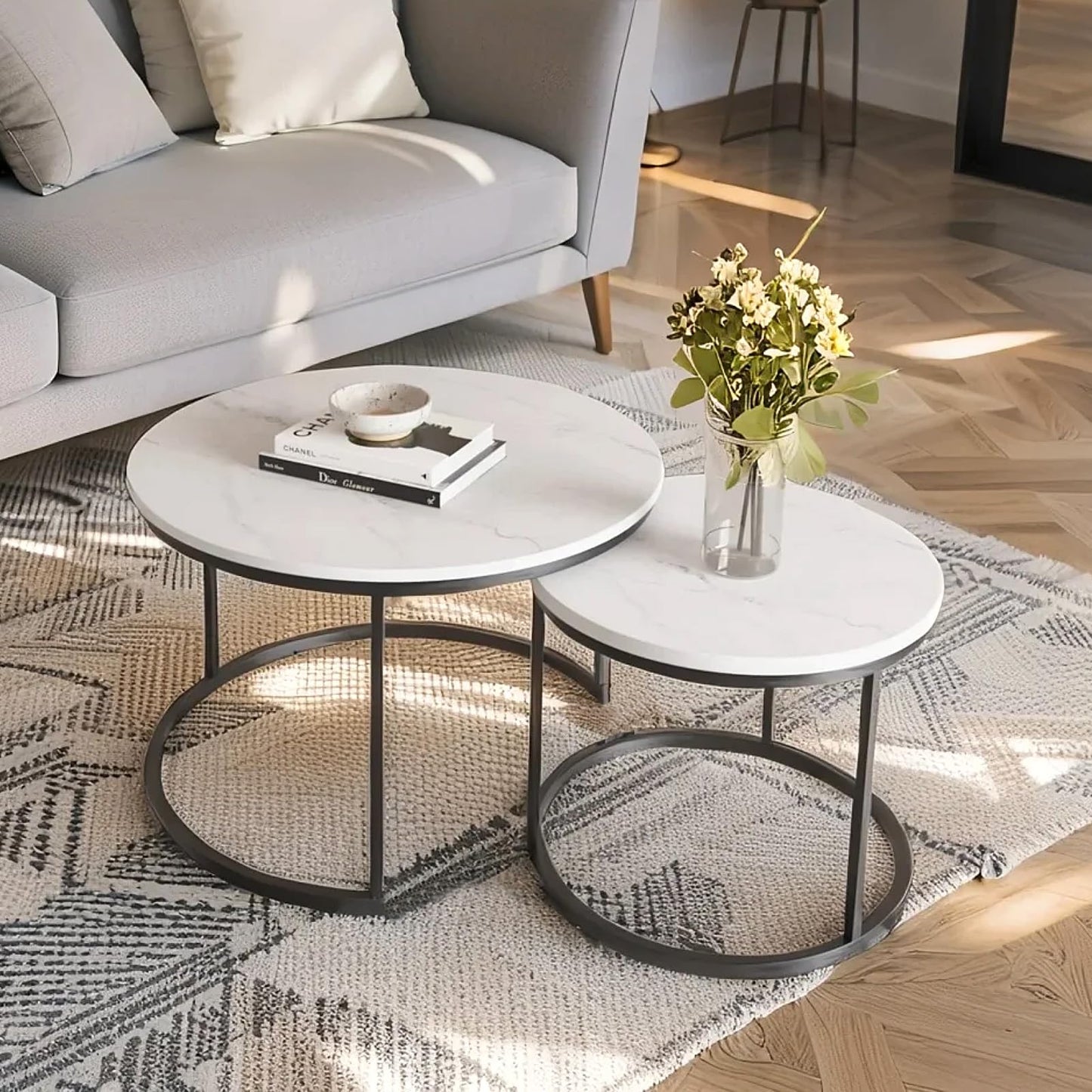 Nesting Coffee Table Set of 2 Marble Pattern with Sturdy Metal Frame Round Side Tables for Living Room and Bedroom (White)