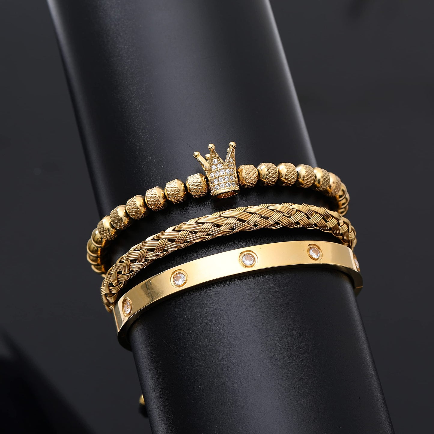 WFYOU 3PCS Stainless Steel Imperial Crown Bracelets for Men Gold Roman Numeral Bangle Bracelet Adjustable Cuff Bracelet Mens Luxury Jewelry Gifts (01:Gold-Cubic Zirconia)