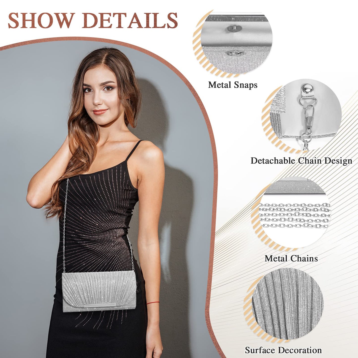 UBAYMAX Evening Bag Clutch Purses for Women Handbags Shoulder Crossbody Wedding Bag for Prom Cocktail Party Wedding (Silver)