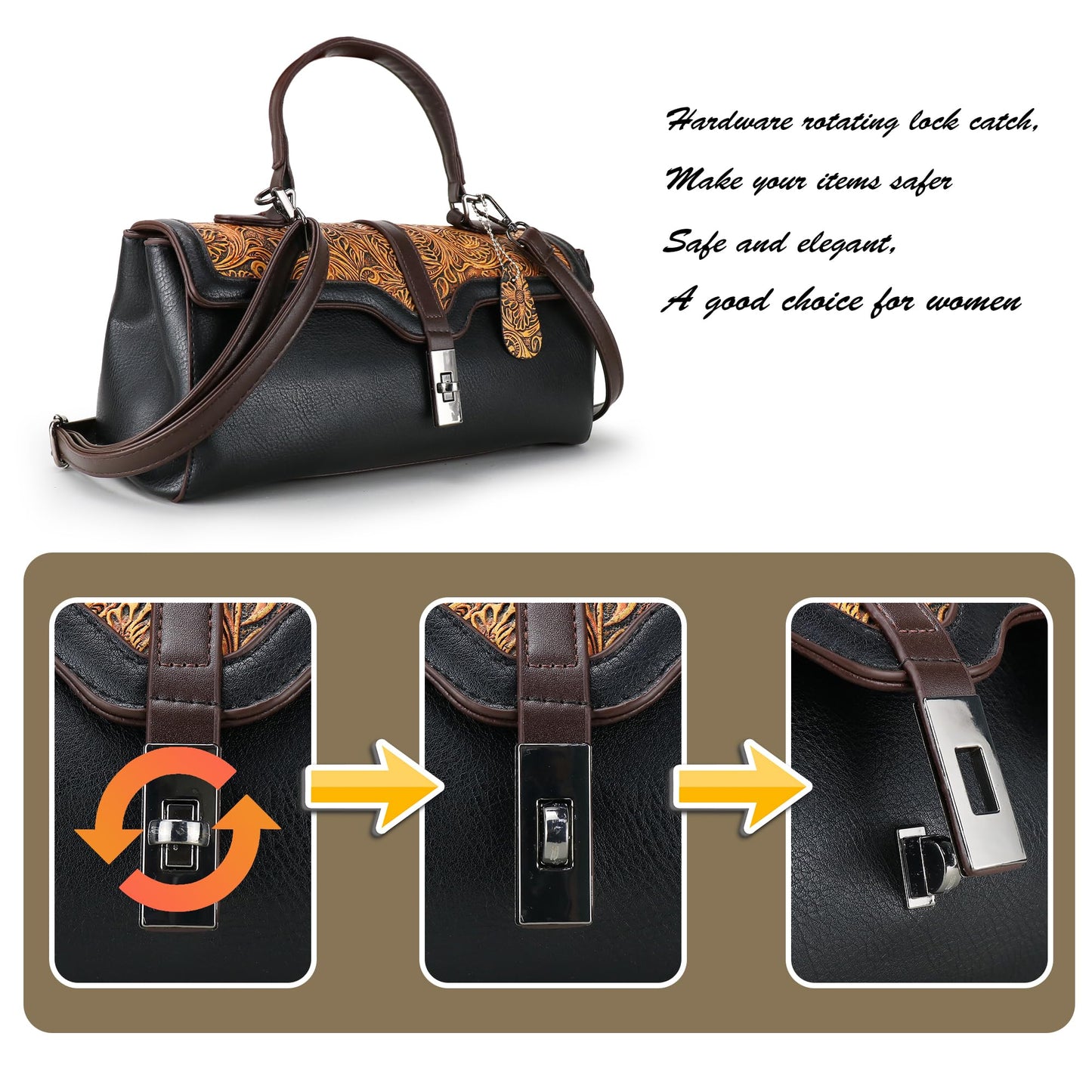 Purse and Handbags for Women Vegan Leather Shoulder Hand Bags Top Handle Satchel Vintage Embossing Pattern (Black)