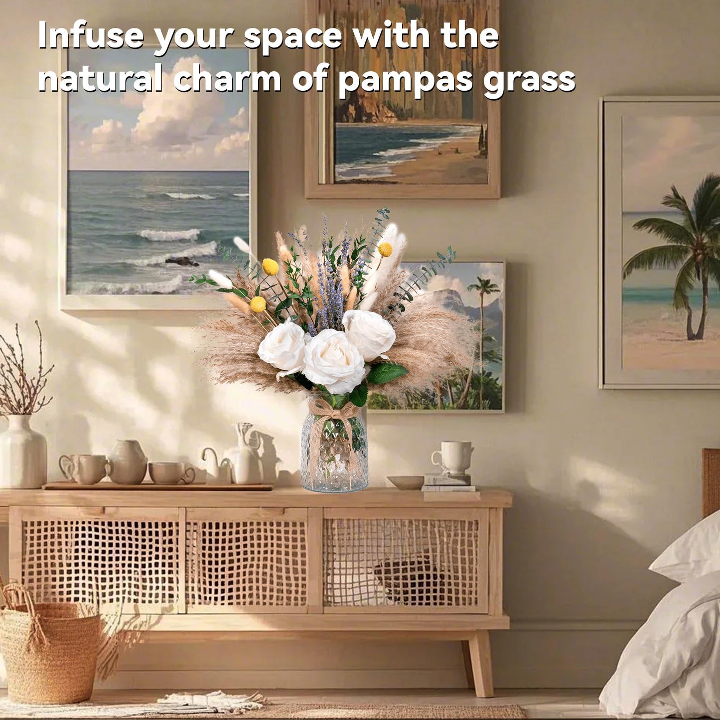 Faux Flower Arrangement with Vase, Center Pieces Decoration for Table, Pampas Grass Floral Décor, Thanksgiving & Christmas Coffee Table Decorations, Artificial Flowers in Vase, Centro de Mesa