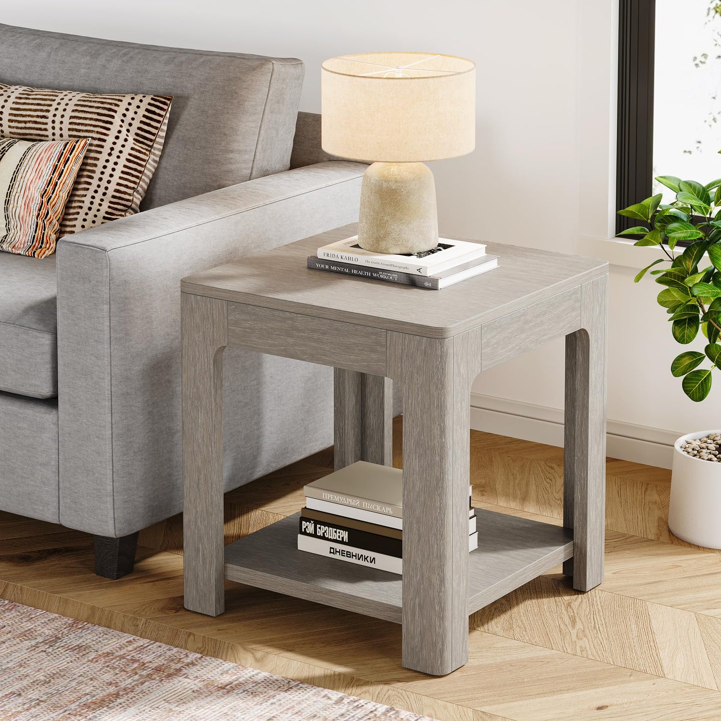 Tribesigns 2-Tier Square End Table, Farmhouse Wooden Side Table with Storage Shelf, Rustic Nightstand for Small Spaces, Living Room(1)