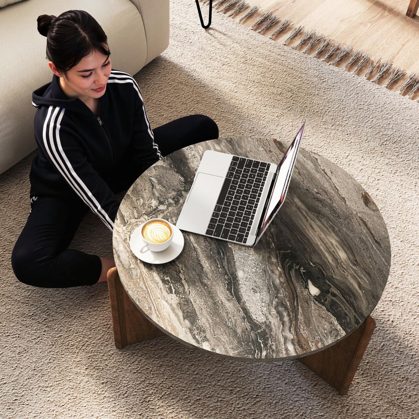 DUOMAY Modern Faux Marble Round Coffee Table, 32'' Grey Circle Coffee Table Center Cocktail Table for Living Room Apartment, Farmhouse Side Table for Family Office