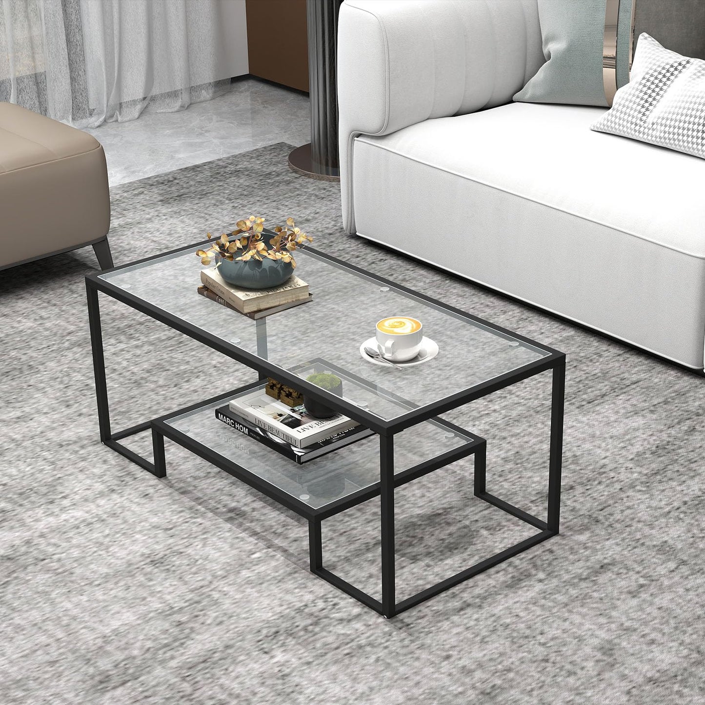 Kebynti 42" Rectangular Glass Coffee Table for Living Room, 2-Tier Center Tea Table with Metal Frame for Small Space, Apartment, Office (Black)