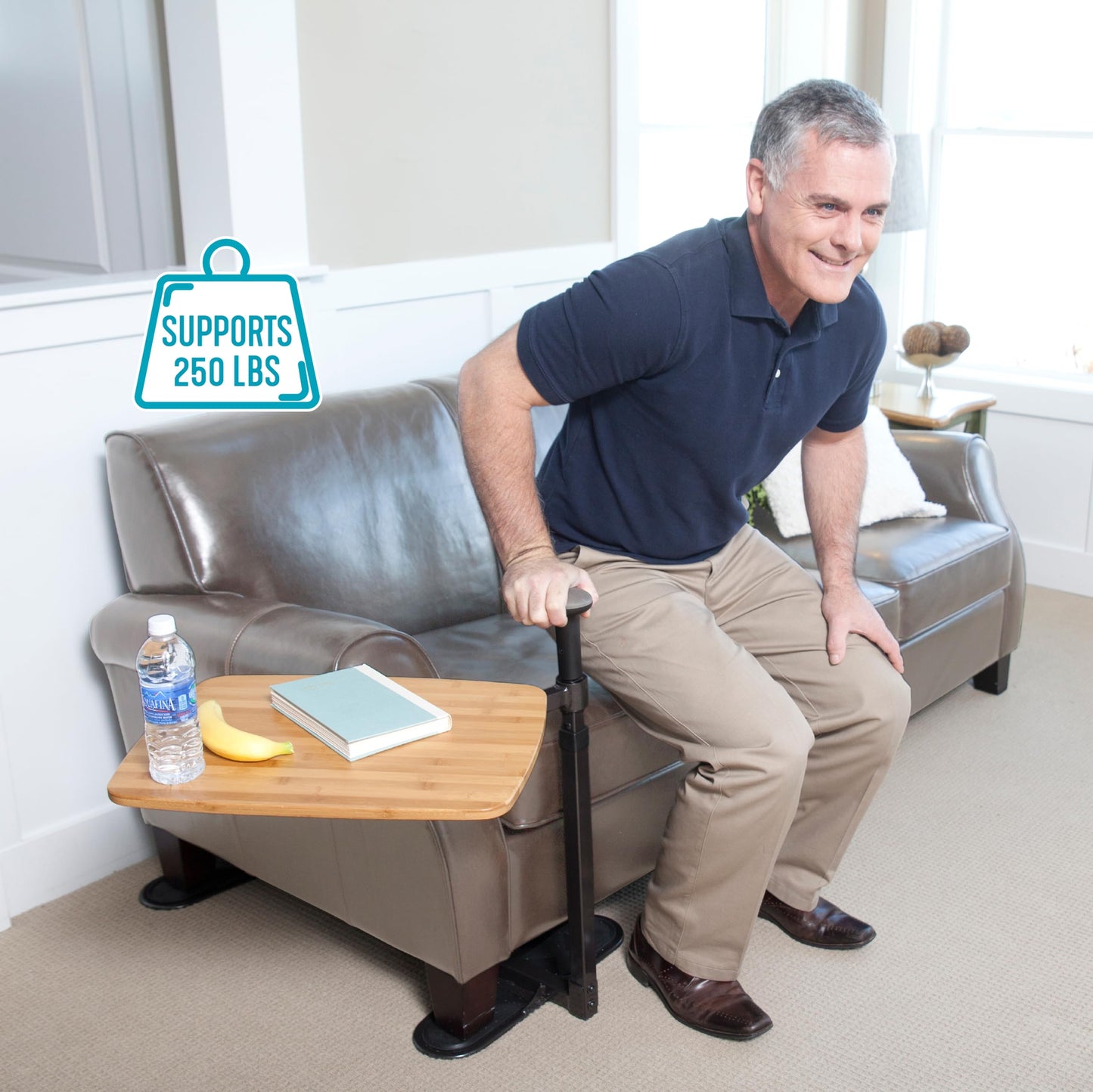 Stander Omni Tray Table, Adjustable Recliner Swivel TV Tray with Standing Handle for Adults, Seniors, and Elderly, Bamboo Laptop Desk for Chairs and Couches, Mobility Aid Sit and Stand Lift Assist